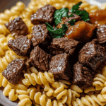 Cheesy Steak Bites And Rotini Pasta