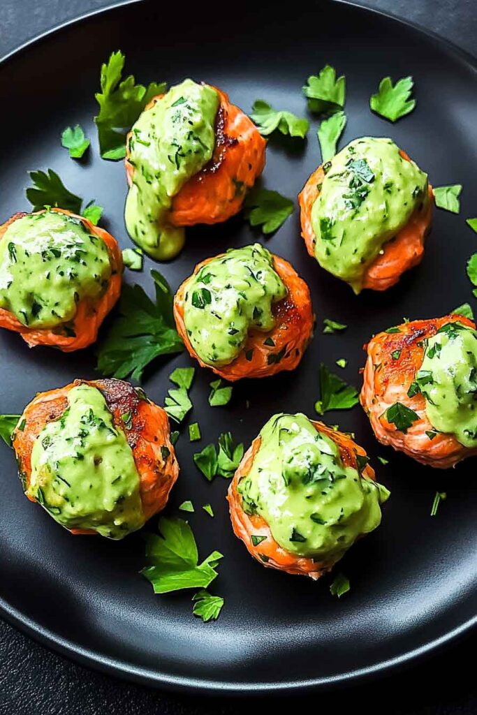 Baked Salmon Meatballs with Avocado Sauce