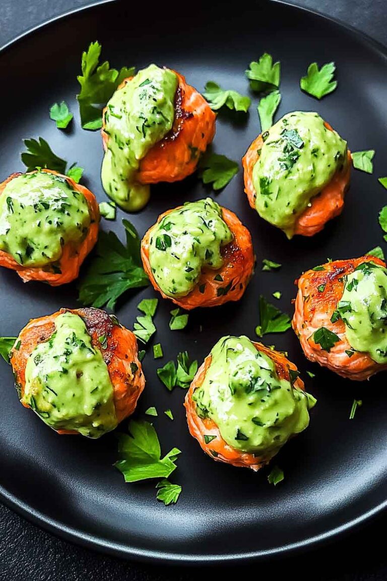 Baked Salmon Meatballs with Avocado Sauce