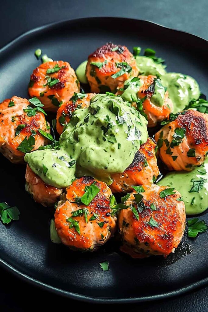 Baked Salmon Meatballs with Avocado Sauce