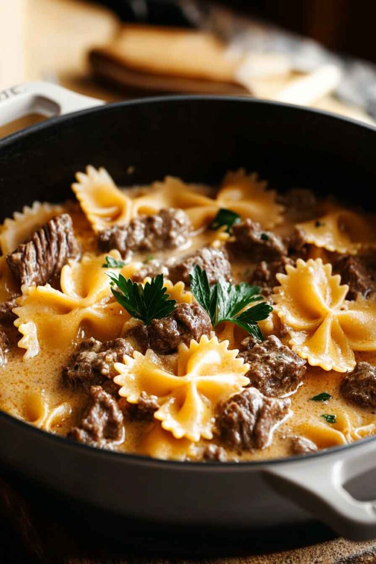 Cheesy Beef And Bowtie Pasta In Garlic Butter