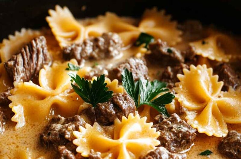 Cheesy Beef And Bowtie Pasta In Garlic Butter