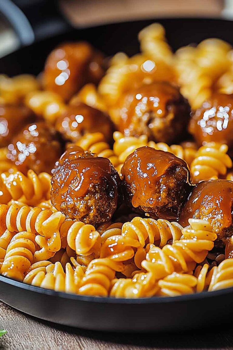 Cheesy One Pan Honey Bbq Meatball Pasta