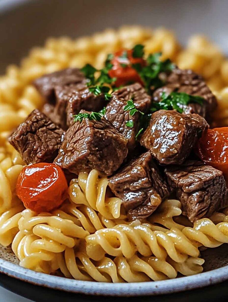Cheesy Steak Bites And Rotini Pasta