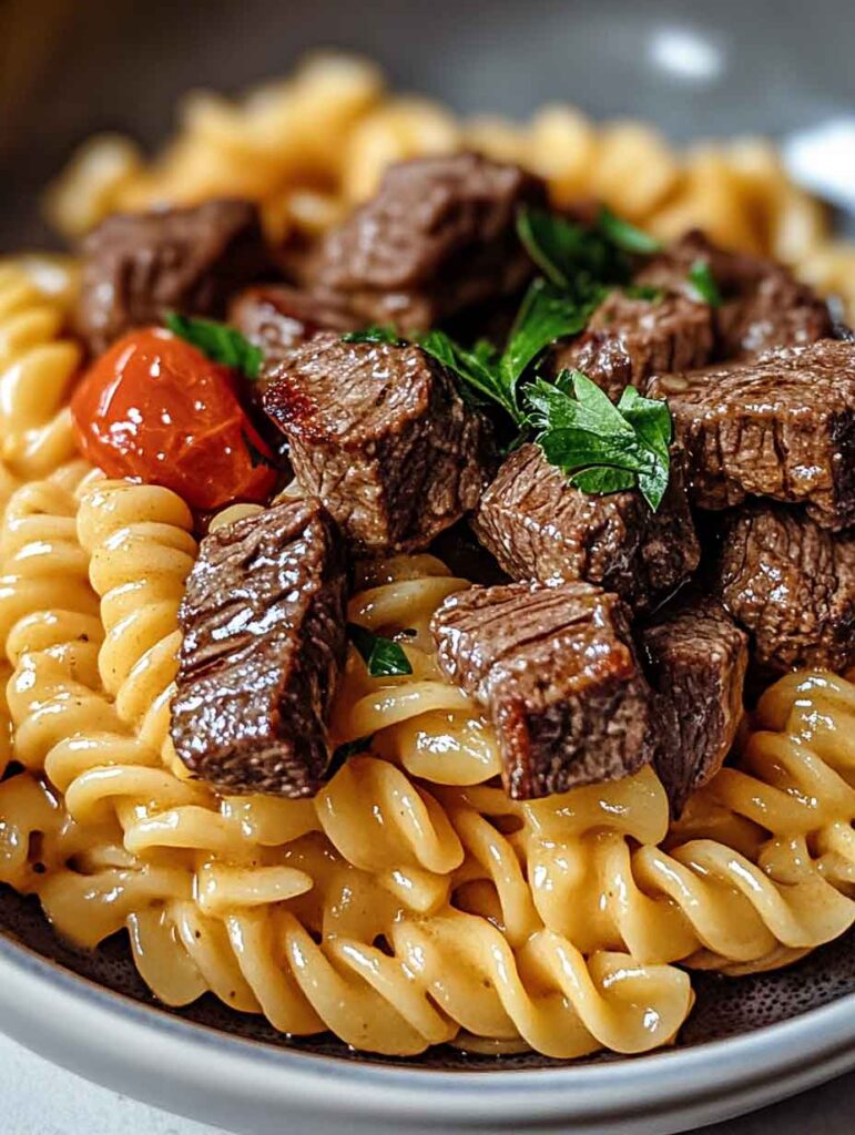 How to Make Cheesy Steak Bites and Rotini Pasta