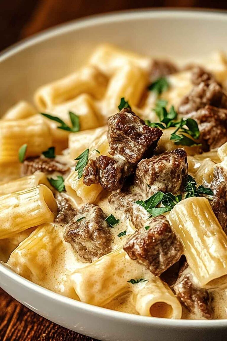 Creamy Cheesy Garlic Butter Rigatoni With Savory Beef