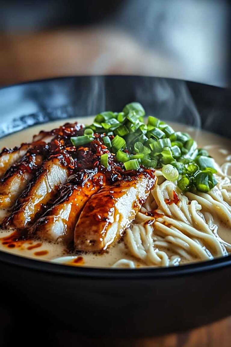 Fiery Chicken Ramen with Creamy Garlic Sauce
