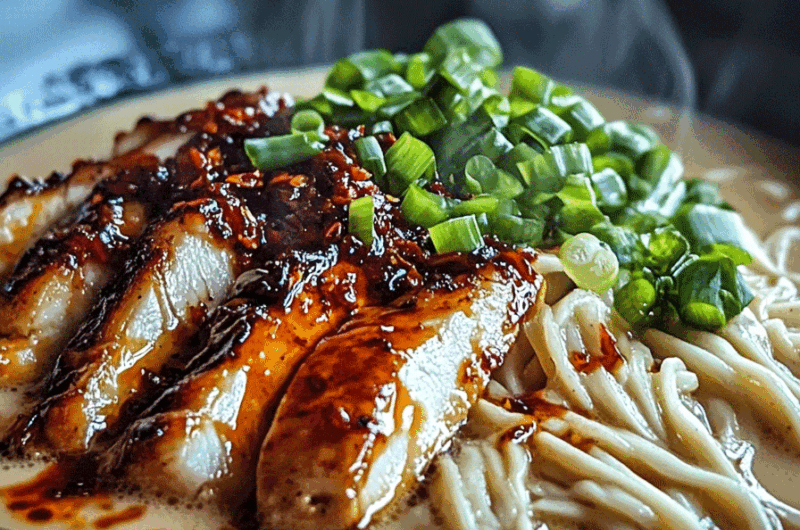 Fiery Chicken Ramen with Creamy Garlic Sauce