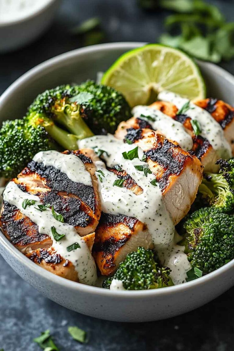 Grilled Chicken Broccoli Bowls With Creamy Garlic Sauce