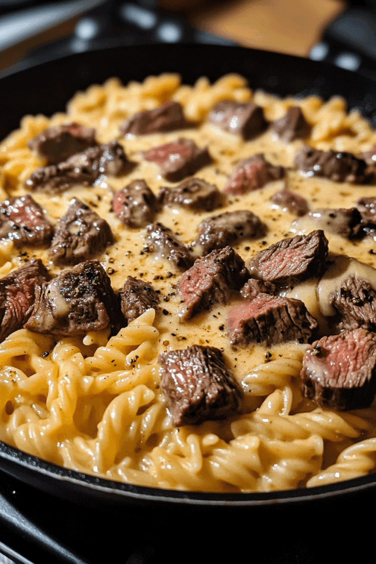 One Pan Honey Garlic Steak Cheddar Pasta