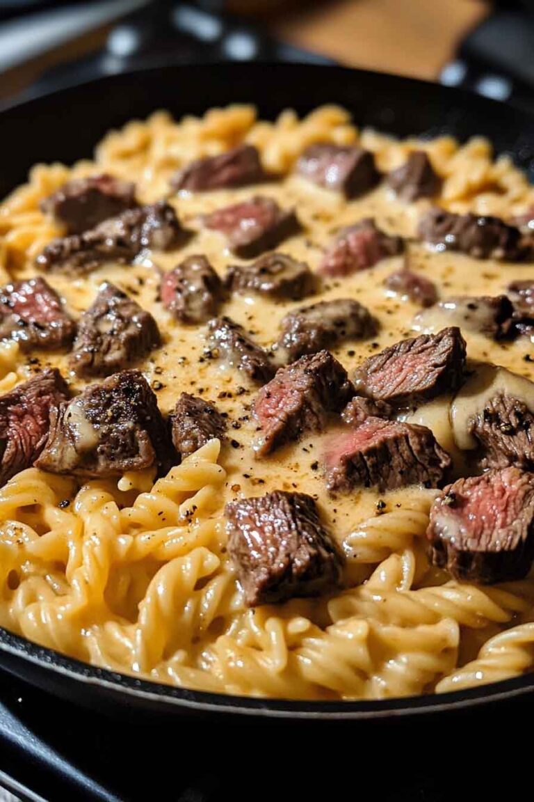 One Pan Honey Garlic Steak Cheddar Pasta