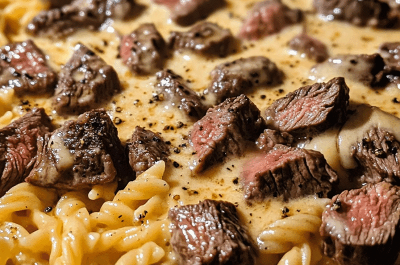 One Pan Honey Garlic Steak Cheddar Pasta