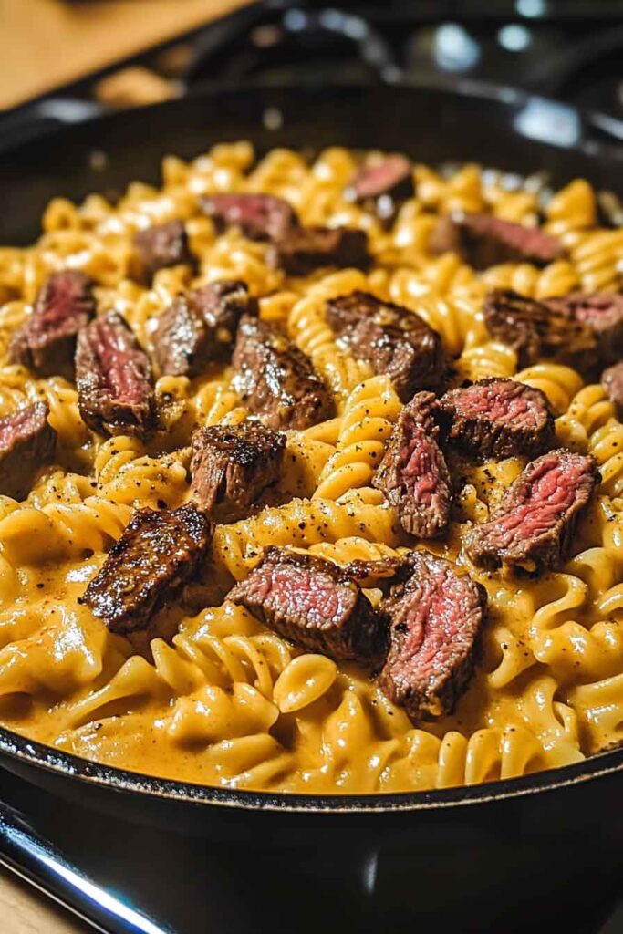 One Pan Honey Garlic Steak Cheddar Pasta