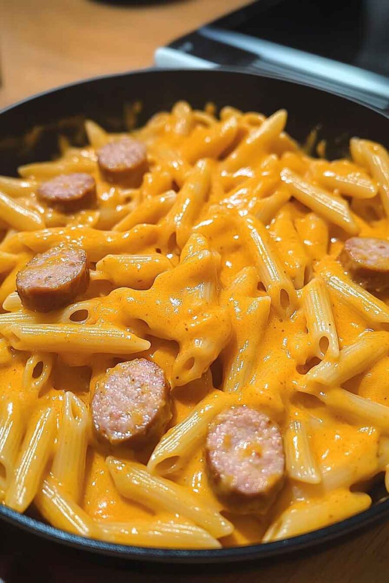 One Pot Creamy Buffalo Cheddar Chicken Sausage Pasta