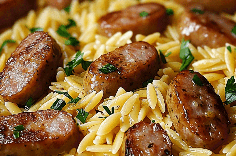 One Pot Garlic Butter Sausage and Orzo
