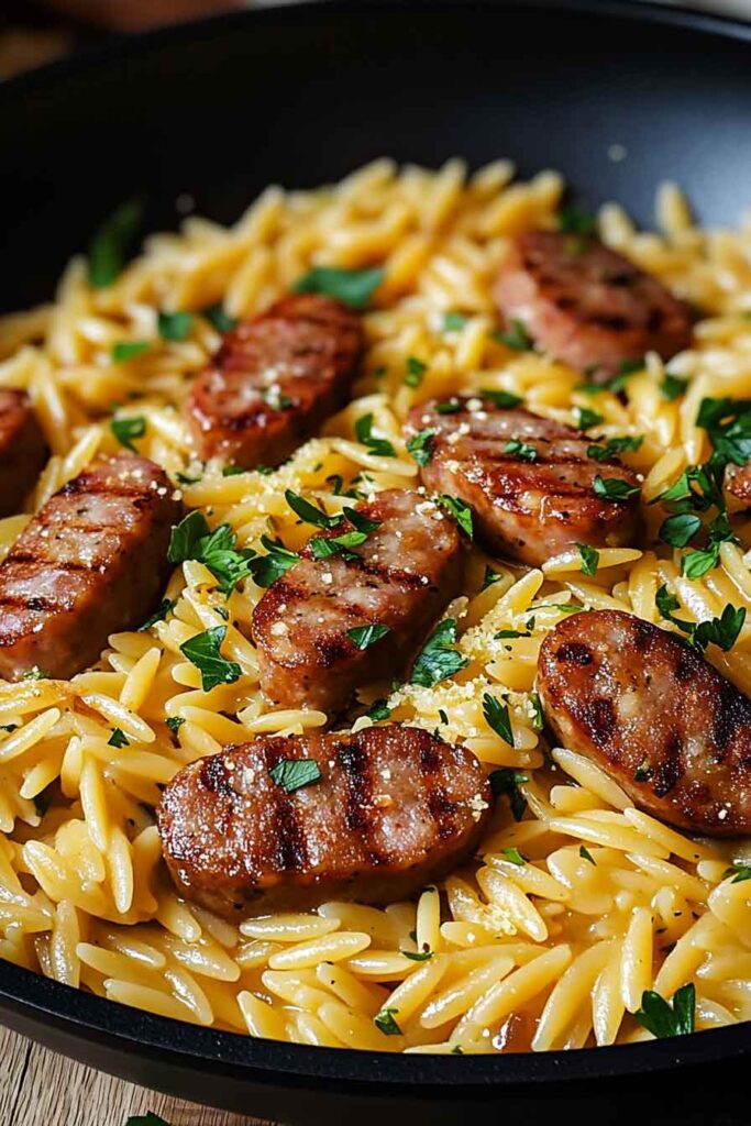 One Pot Garlic Butter Sausage and Orzo
