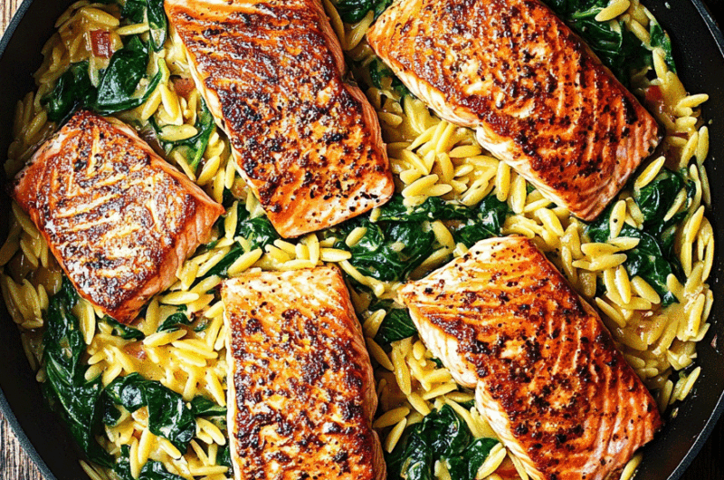 One Skillet Salmon with Lemon Orzo