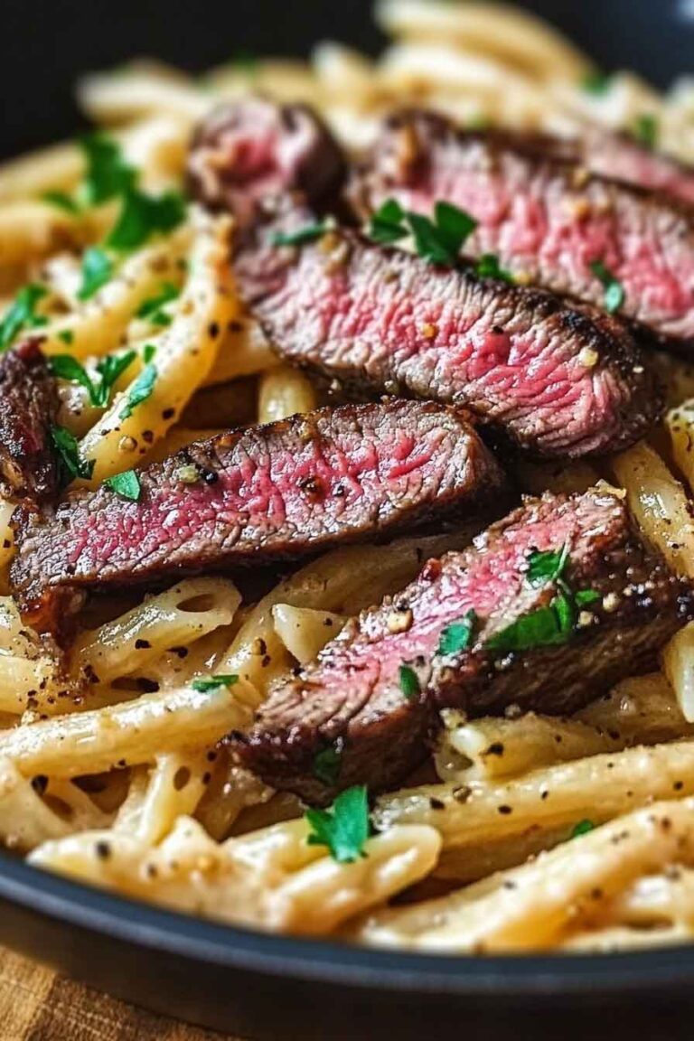 One Skillet Spicy Garlic Butter Parmesan Steak Pasta