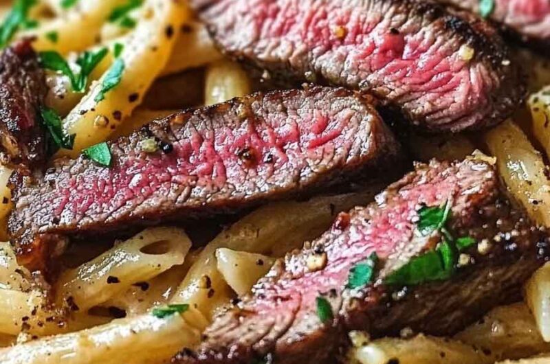 One Skillet Spicy Garlic Butter Parmesan Steak Pasta