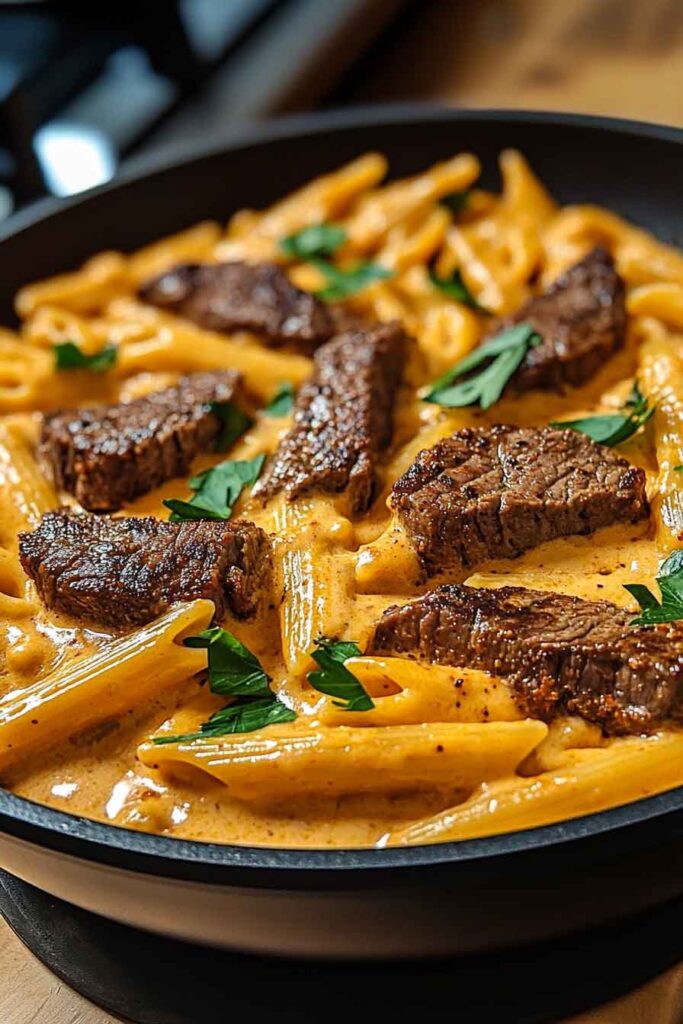 Skillet Creamy Spicy Cajun Steak Cheddar Pasta
