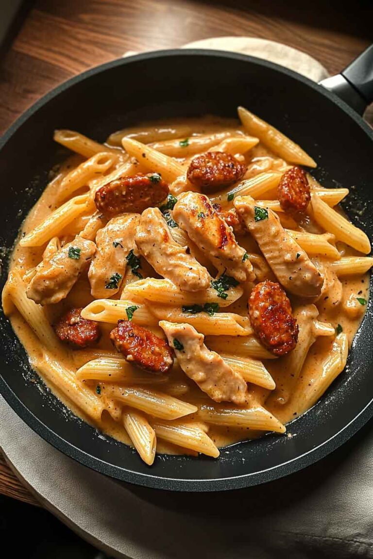 Spicy Creamy Cajun Sausage Chicken Pasta Skillet