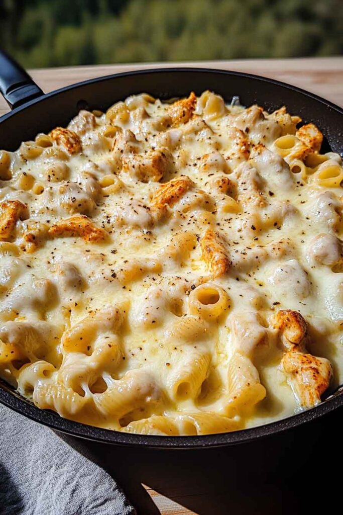 Spicy Smoky Mozzarella Chicken Alfredo Pasta Skillet