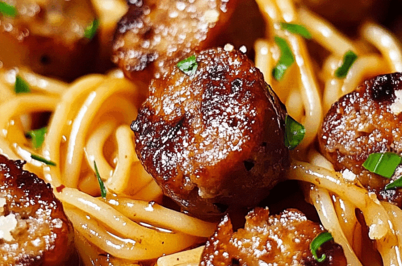 Sticky Honey Garlic Sausage Pasta Skillet