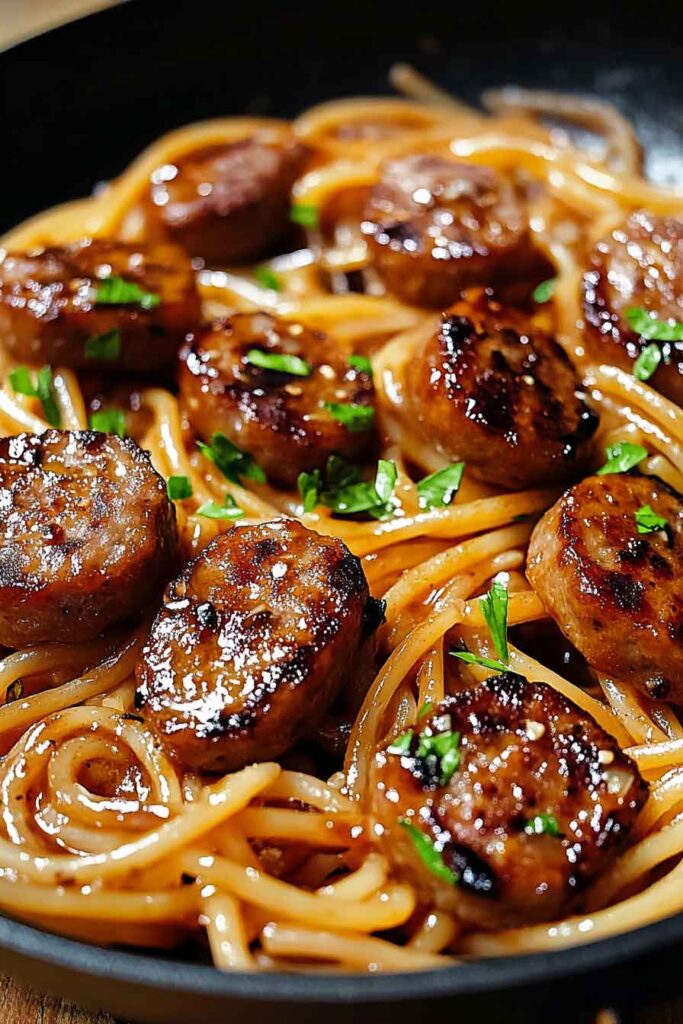 Sticky Honey Garlic Sausage Pasta