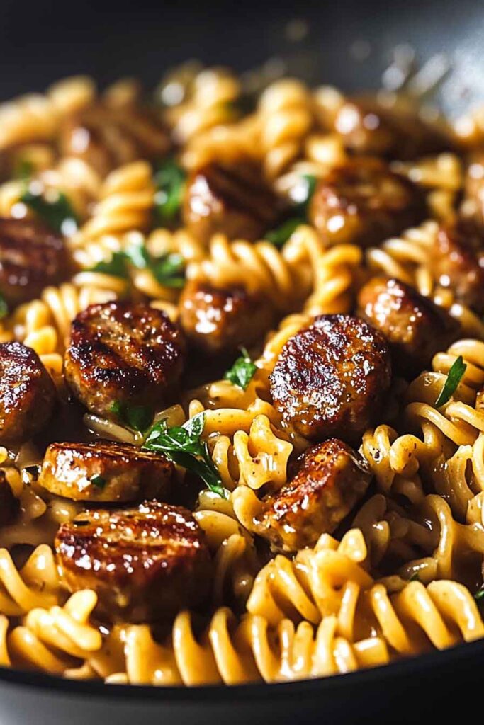 Sticky Honey Mustard Sausage Pasta Skillet