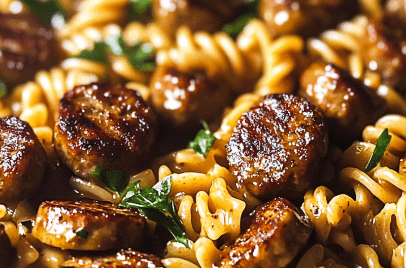 Sticky Honey Mustard Sausage Pasta Skillet