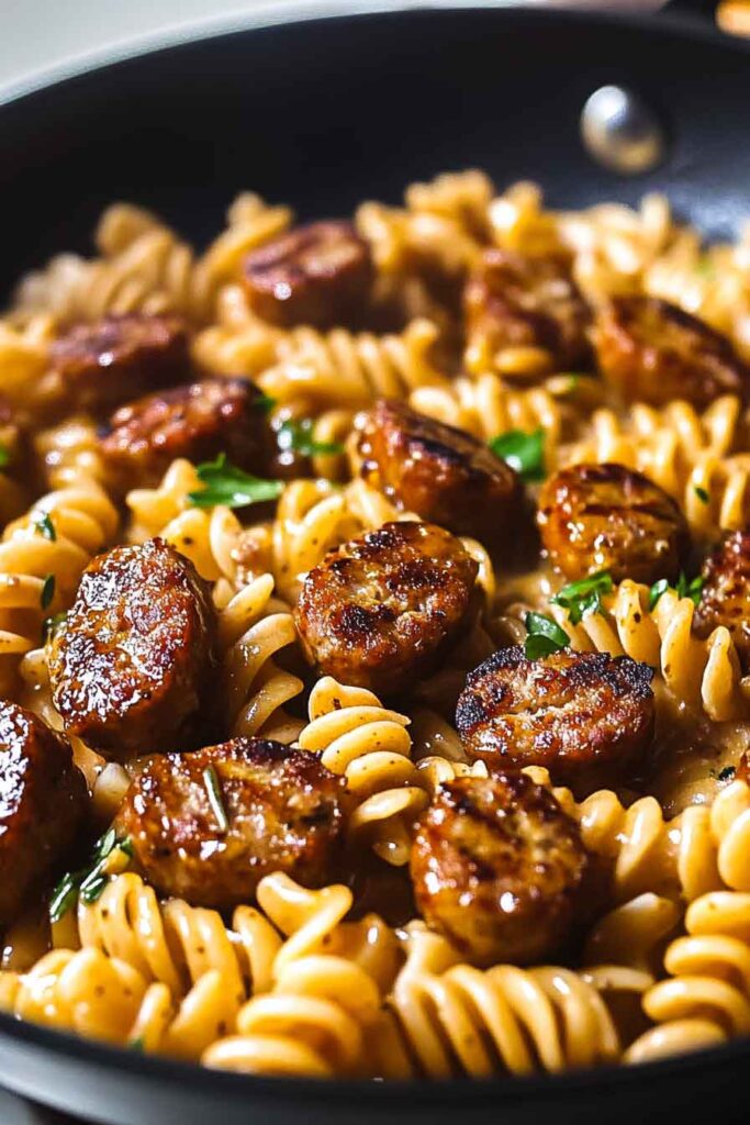 Sticky Honey Mustard Sausage Pasta Skillet