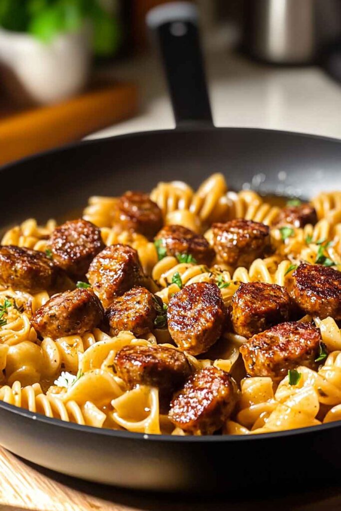 Ingredients for Sticky Honey Mustard Sausage Pasta Skillet