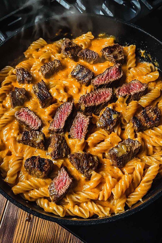 Cheesy Spicy Cajun Steak Pasta Skillet