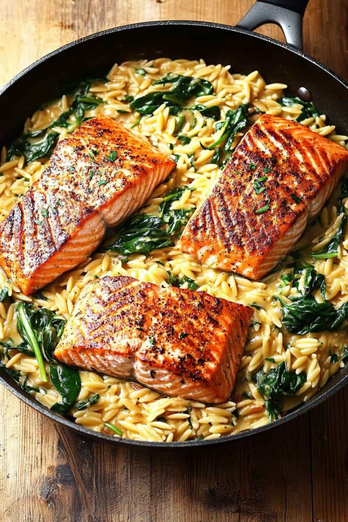 One Skillet Salmon with Lemon Orzo