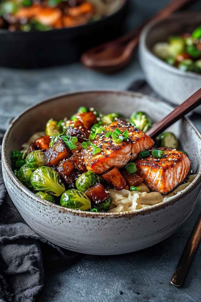 Teriyaki Salmon Bowls With Crispy Brussels Sprouts